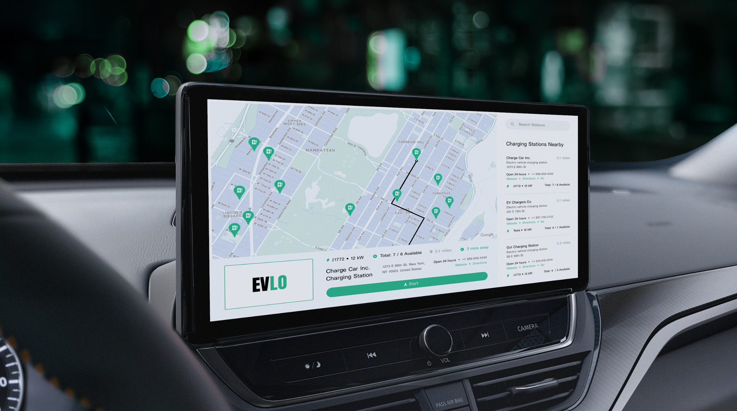 An electric vehicle display showing nearby EV charging stations.