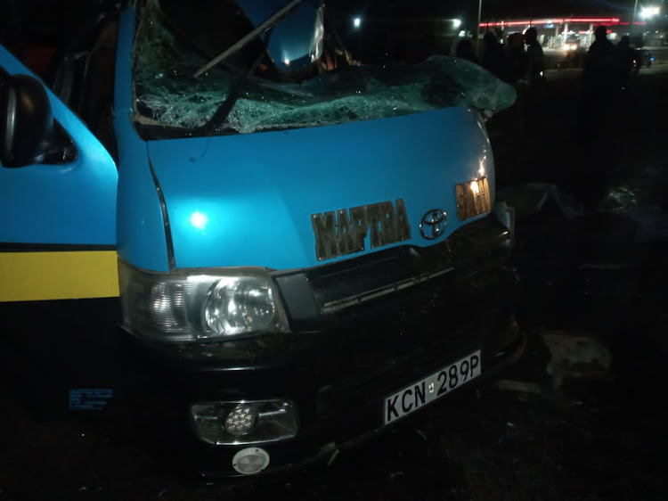 Matatu that rammed into a stationary trailer along Mombasa Road at Mlolongo, Machakos County on Wednesday, July 21, 2021