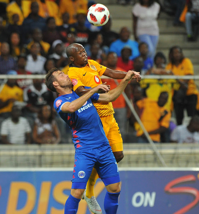 Bradley Grobler of Supersport United challenged by Siphosakhe Ntiya Ntiya of Kaizer Chiefs during the Absa Premiership match between Supersport United and Kaizer Chiefs on the 15 March 2019 at Mbombela Stadium.