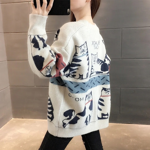 Title 7, Womens Cartoon Cat Contrast Color Sweater Coat...