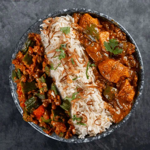 Kadhai Chicken, Bhindi Chana & Jeera Pulao