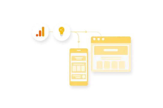 Un graphique en barres montrant une performance accrue et une ampoule reliée à un téléphone portable et une page Web