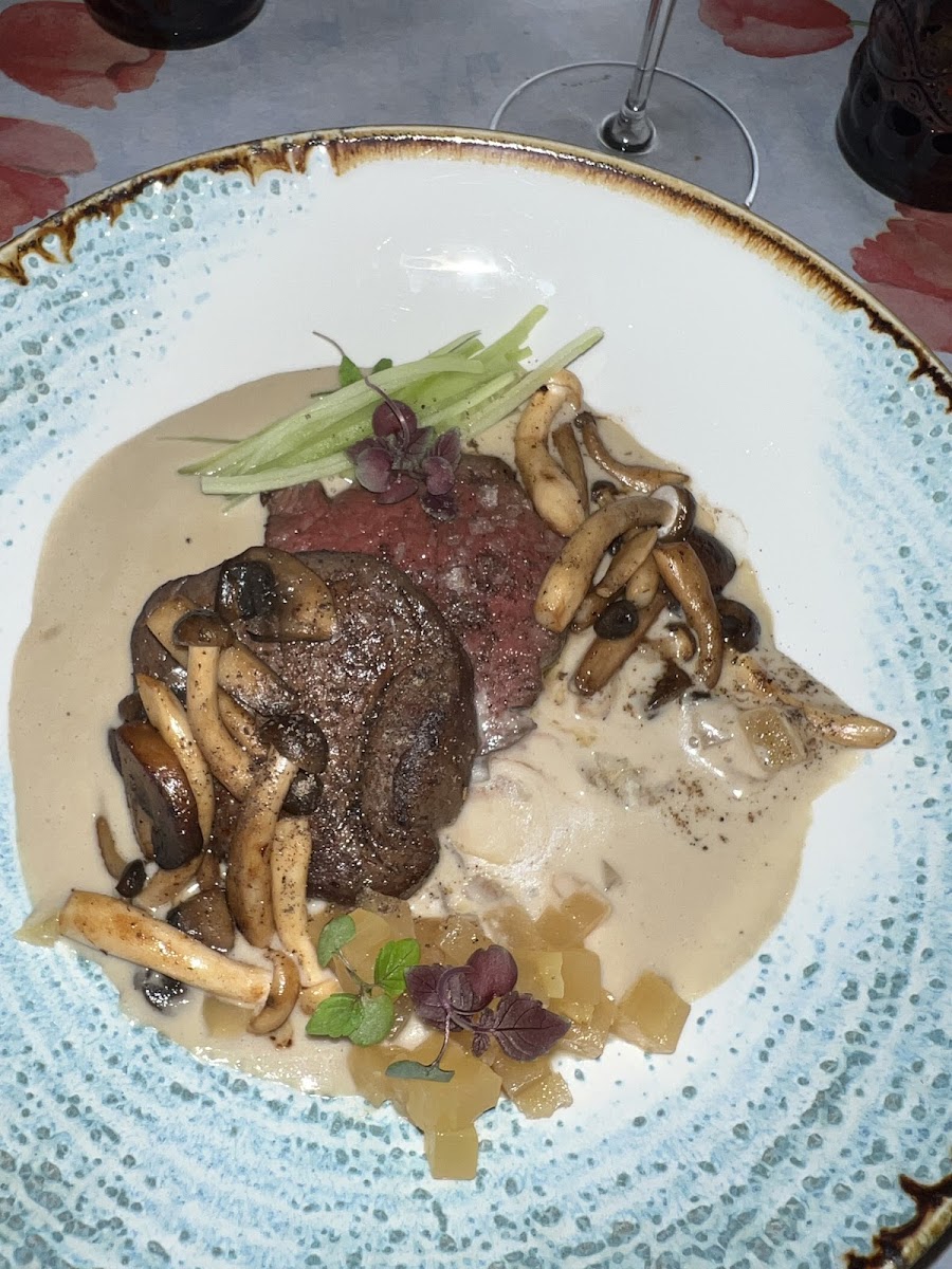 Beef stroganoff. Med rare filet, a variety of mushrooms. Soo good