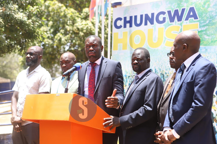 ODM secretary General and Nairobi Senator Edwin Sifuna flanked with Azimio elected leaders at Chungwa house in Nairobi on March 8,2023.