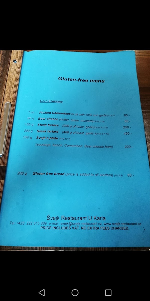 Švejk Restaurant U Karla gluten-free menu