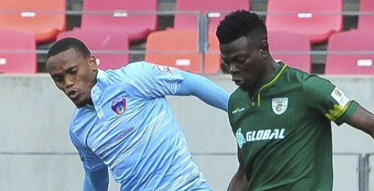 Riaan Hanamub, left, of Chippa United and Richard Mbulu of Baroka during the DStv Premiership at the Nelson Mandela Bay Stadium on Tuesday