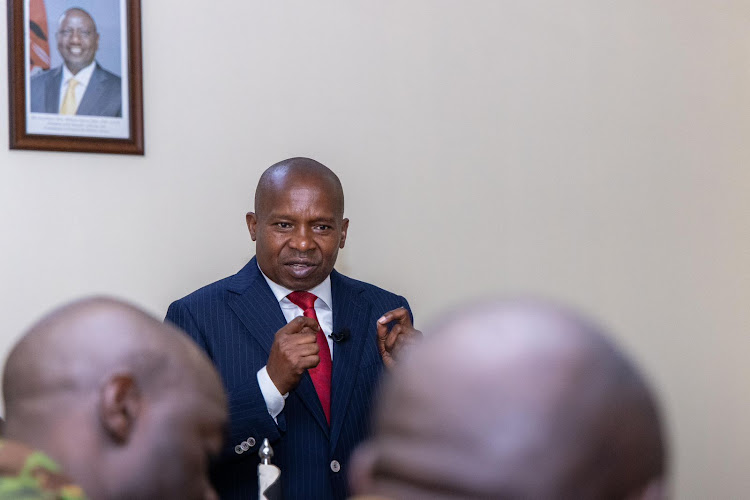 Cabinet Secretary for Interior Kithure Kindiki addressing a meeting attended by security officers in Kiambu County on March 8, 2024.