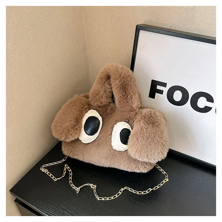 Sac à main en peluche de chien aux grands yeux pour femmes, mode hiver, sacs à chaîne, sacs à bandoulière personnalisés et de créateurs.