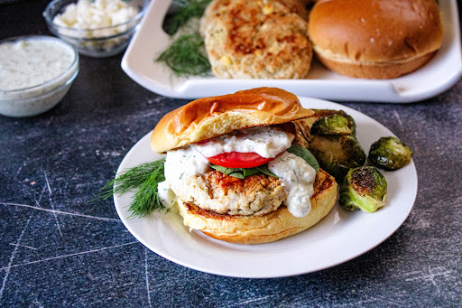 Greek Turkey Burgers assembled.