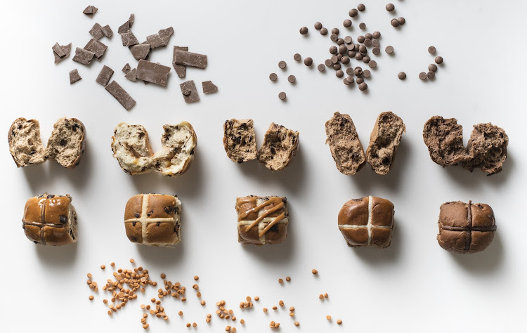 From left: chocolate and/or caramel hot cross buns from Food Lover's Market, Spar, Pick n Pay, Woolworths and Checkers.