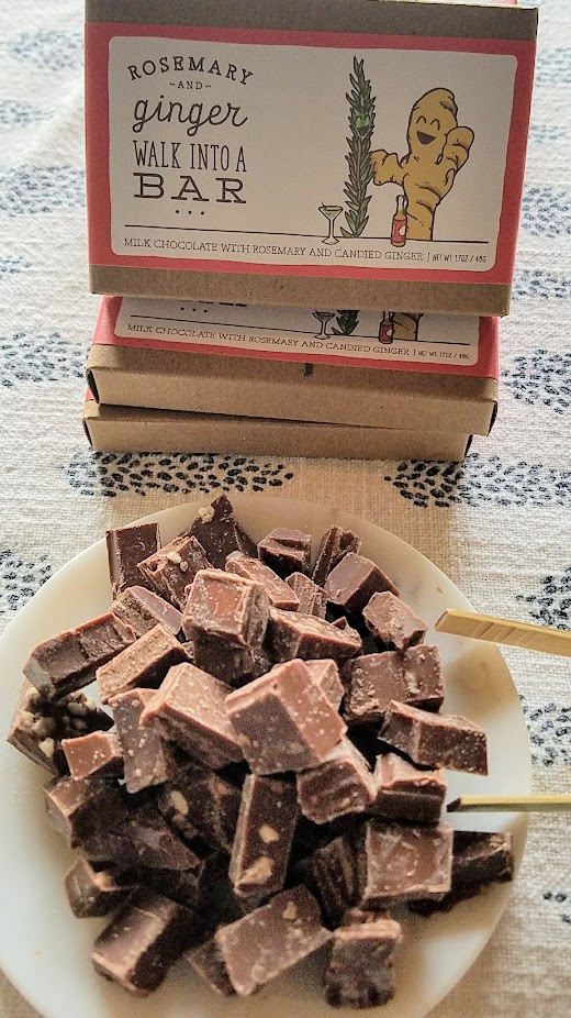 Only Child Chocolate Co., a local to Portland made chocolate business owned by Yana Yakhnes - Rosemary and Ginger Walk Into a Bar is a Milk Chocolate with rosemary and candied ginger