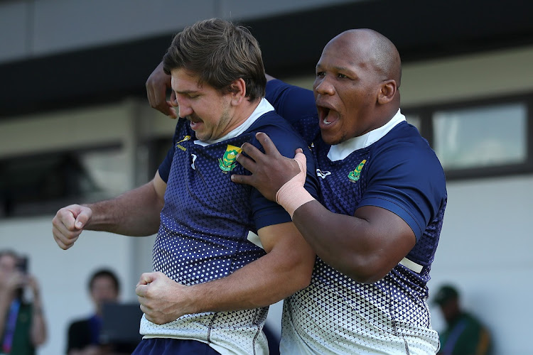 Kwagga Smith and Bongi Mbonambi enter the field for the Springboks' captain's run at Arcs Urayasu Park in Urayasu, Chiba, in Japan on Friday, before Saturday's Rugby World Cup final against England.