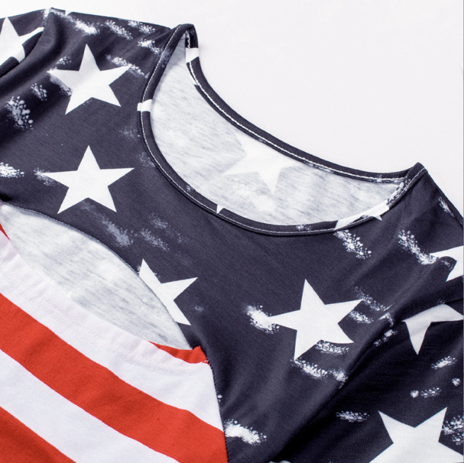 Camiseta de rayas huecas estampada Top sencillo de Color contrastante con cuello redondo que combina con todo para mujer