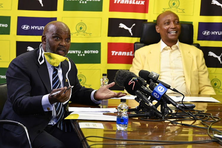 Mamelodi Sundowns coach Pitso Mosimane and Patrice Motsepe during the Mamelodi Sundowns 50th anniversary announcements in Sandton on May 21, 2020 in Johannesburg, South Africa.