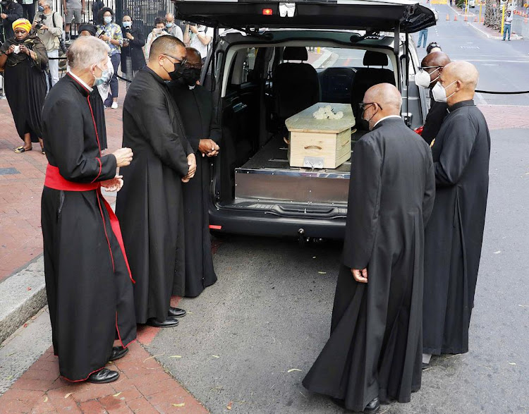 Archbishop Emeritus Desmond Tutu's remains arrive at the St George's Cathedral on Thursday morning.