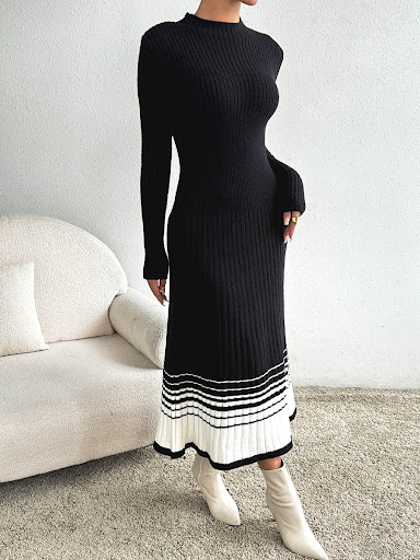 Title 7, Womens Woolen Skirt Black And White Stripes Dress