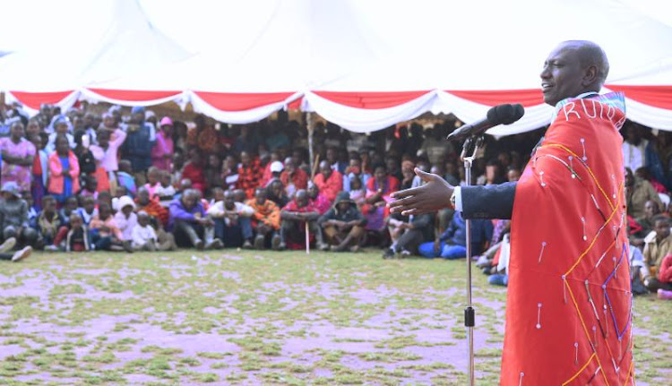 Deputy President William Ruto addressing wananchi during the thanksgiving ceremony for nominated MP David Sankok in Ewaso Ngiro, Narok County on Friday, November 2019.