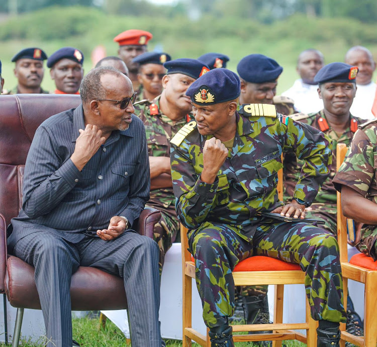 Defence Cabinet Secretary Aden Duale with CDF Charles Kahariri during the groundbreaking ceremony for construction of 952 housing units in Nakuru on May 18, 2024