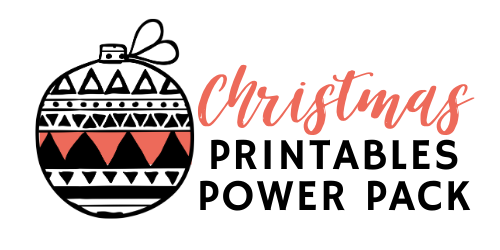 Hand drawn Christmas bulb ornament with black triangle abstract design and text reading  "Christmas Printables Power Pack"