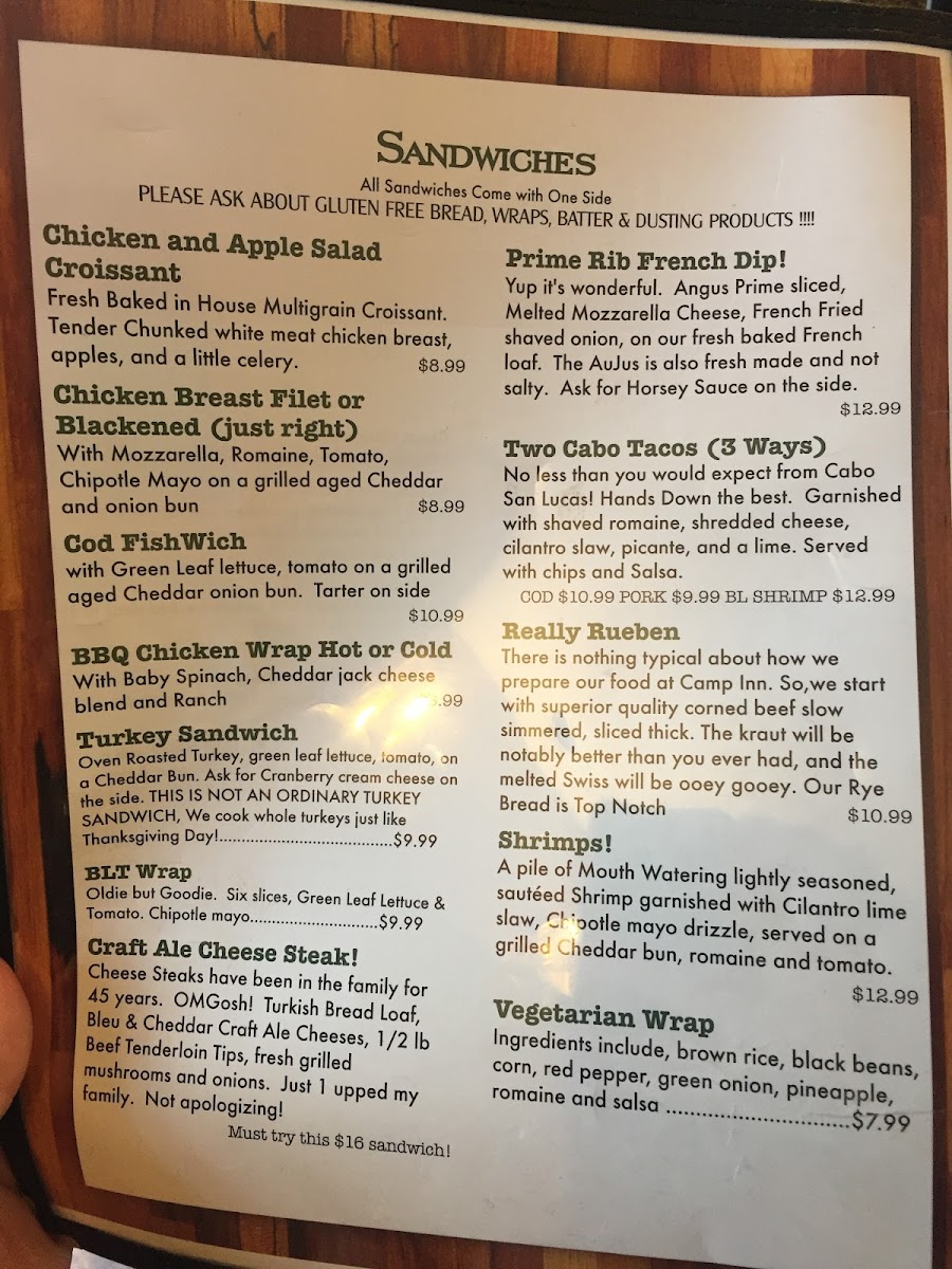 Camp INN Lodge gluten-free menu