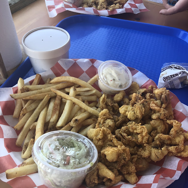 Gluten free fried clams, fries and coke slaw.