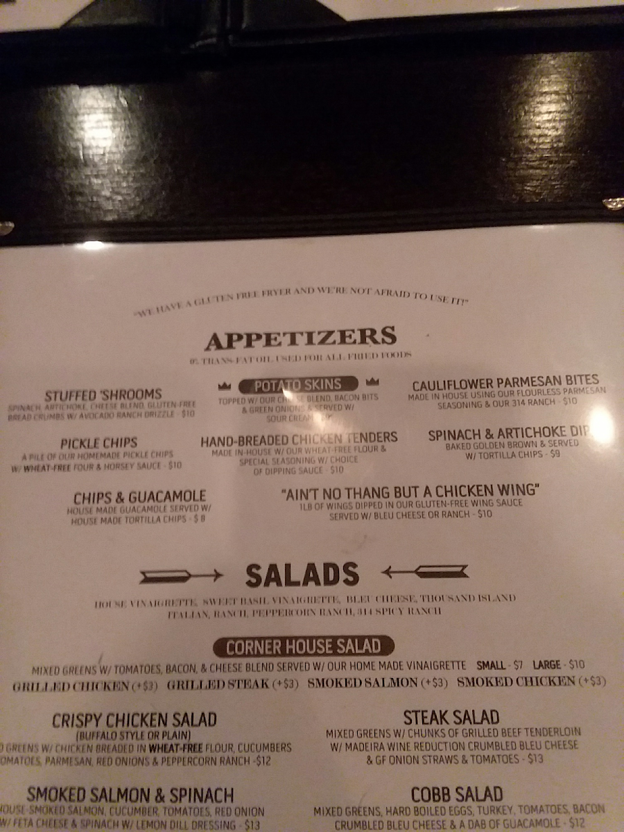 The Corner Pub & Grill gluten-free menu