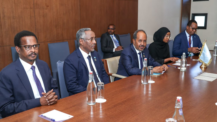 President Hassan Mohamud with his delegation during a meeting with President William Ruto in Addis Ababa, Ethiopia.