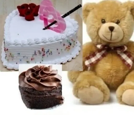 Vanilla Heart Shape Cake [0.5] & 1 Chocolate Cupcake 1 Zebra Teddy