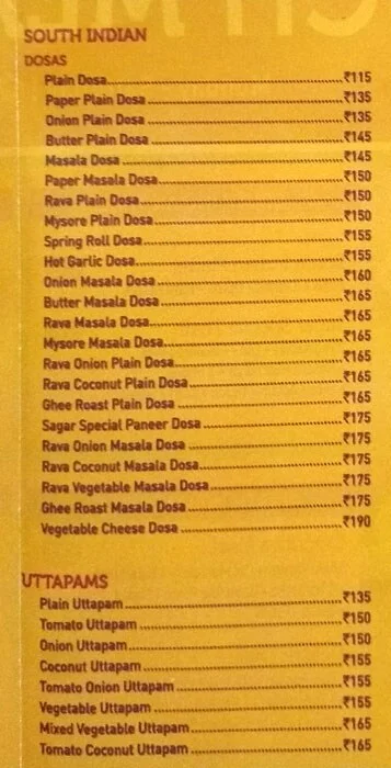 Sagar Ratna menu 