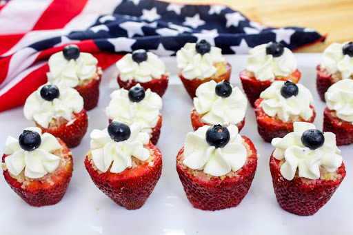 A tray of Strawberry Shortcake Red, White & Blue Bites on a platter.