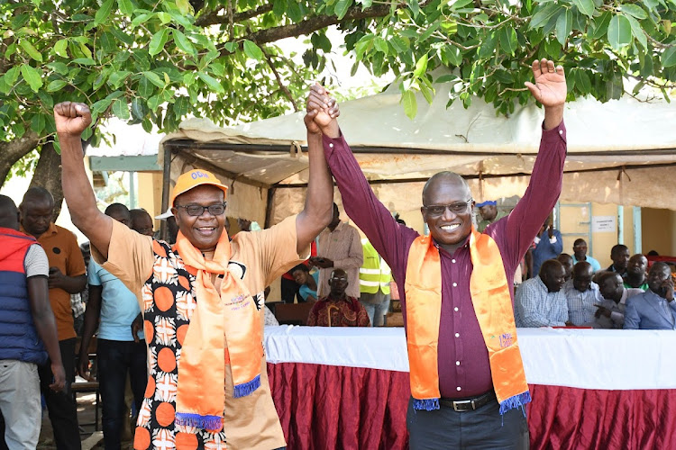 Former Funyula MP Paul Otuoma when he picked his deputy, former Teso North MP Arthur Odera on April 5, 2022 at Achiya Echakara Secondary School in Teso North.