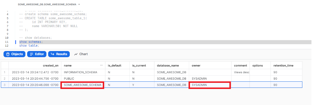 Query "SHOW SCHEMAS" executed, displaying all schemas - snowflake roles