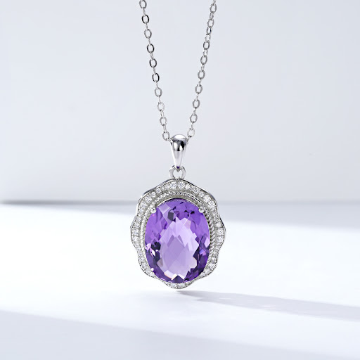 Title 7, S925 Silver Set Natural Amethyst Necklace for W...