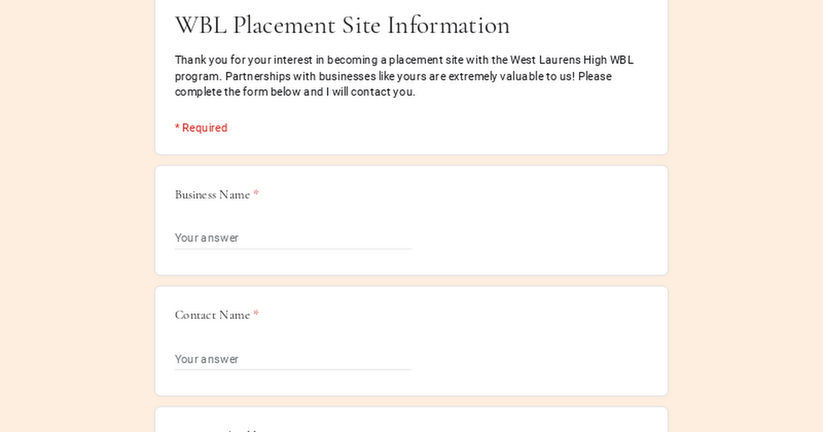 WBL Placement Site Information