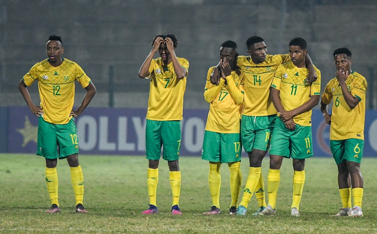 Bafana Bafana players during the penalty shootout in their 2022 Cosafa Cup quarterfinal at King Zwelithini Stadium in Durban on July 13 2022.