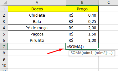 Utilizando função =SOMA()