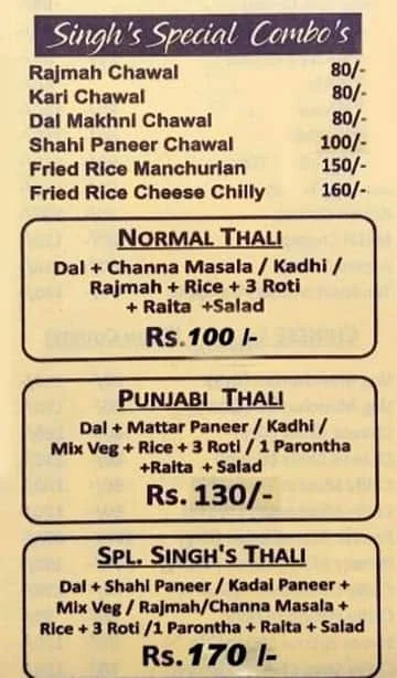 Singh's Vaishno Dhabha menu 