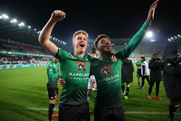 Thibo Somers of Cercle and Lyle Foster of Cercle celebrate after winning the Jupiler Pro League match between Cercle Brugge and Sint-Truidense VV at Jan Breydel Stadium on November 9, 2019 in Brugge, Belgium.