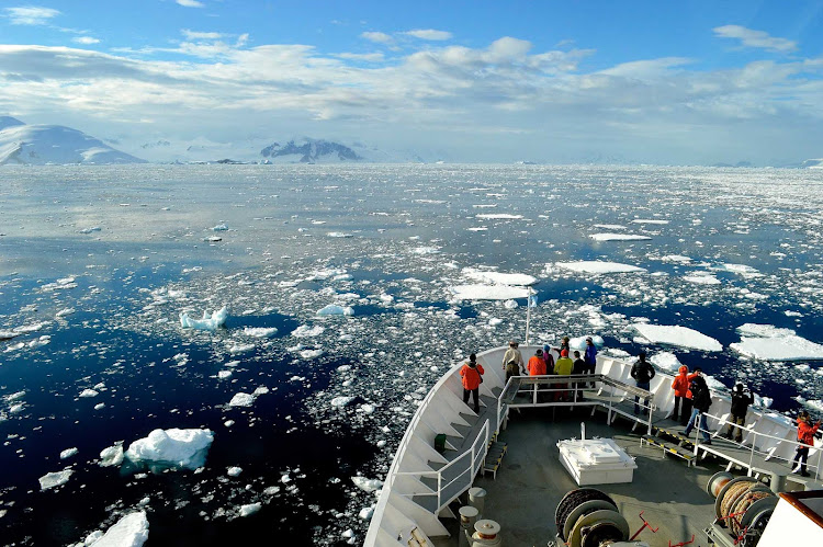 Icebergs in Antarctica seen from the bow of the National Geographic Explorer.