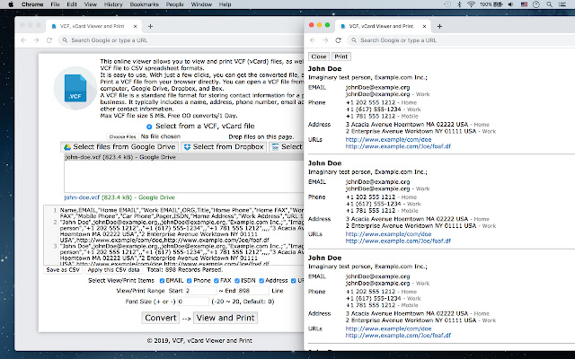 VCF, vCard Viewer and Print chrome extension