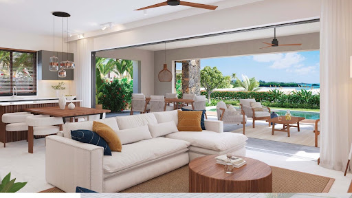 Buy this luxury villa in Roches Noires (Mauritius) - Modern living room with pool and sea view