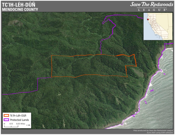 Aerial Map of Tc’ih-Léh-Dûñ contiguous protected lands along the border of the Sinkyone Wilderness Area