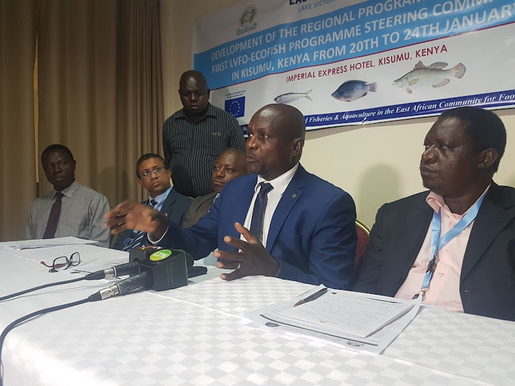 LVFO Deputy Executive Secretary Anthony Munyaho with Kenya’s Deputy Director of Fisheries and Blue Economy Rodrick Kundu during the first ecofish regional programme steering committee meeting in Kisumu.