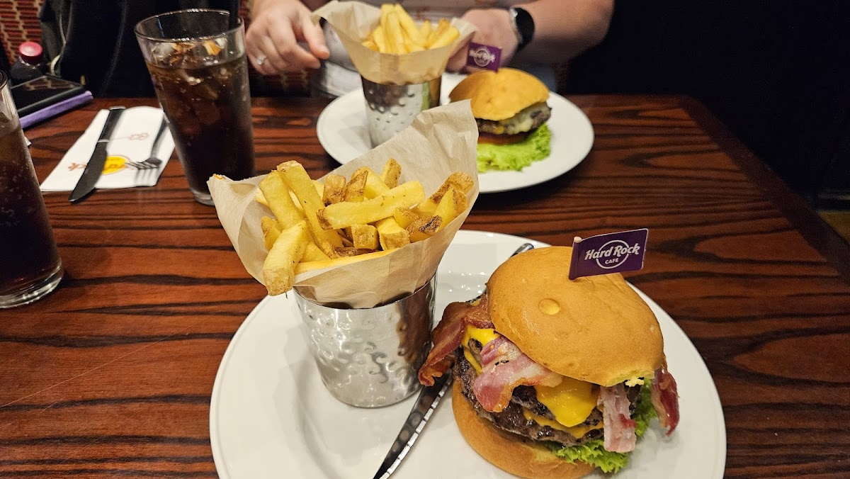 Double cheese burger with bacon and fries