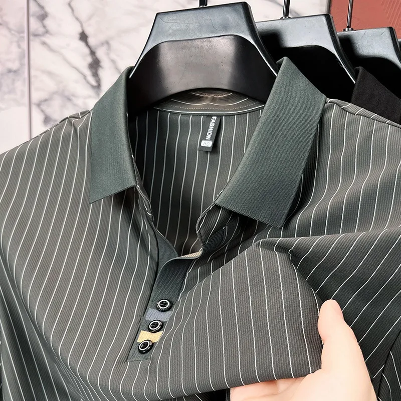 Striped Fashion Business Casual Ice Silk Polo Shirt for Middle-aged Men, Comfortable and Stylish Everyday Wear
