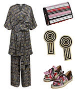 Short Kimono R1,099 • Pants R899 • Clutch R529 • Earrings R329 • Shoes R899.