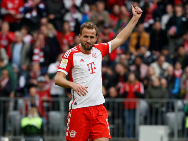 Bayern Munich's Harry Kane celebrates after scoring against Darmstadt 98 on Saturday