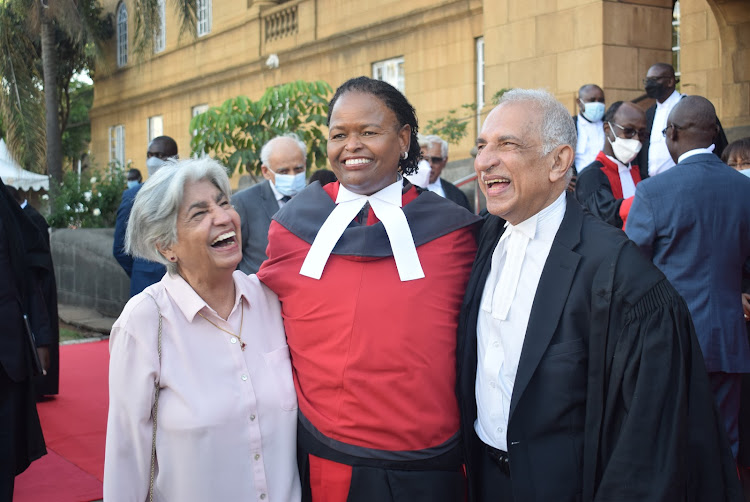 Chief Justice Martha Koome and Villa Nowrojee share a light moment shorlty after a special sitting in honor of departed senior counsels at the Supreme Court on November 18, 2021/ CHALENE MALWA