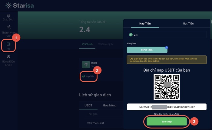 Copy địa chỉ ví USD BEP20 Starisa