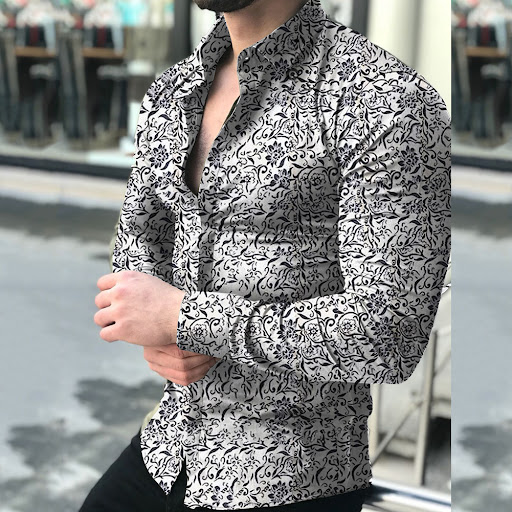 Title 8, Lapel printed long-sleeved casual floral shirt ...
